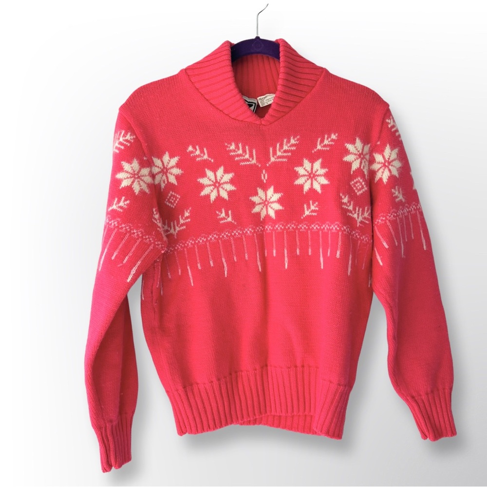 VTG 80s Obermeyer Pink Wool Snowflake Stephanie Sweater M